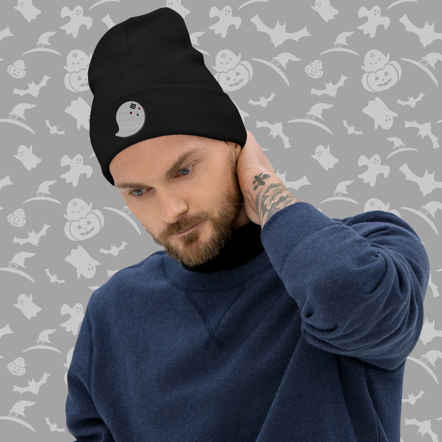 Ghostly Black Spirit Embroidered Beanie